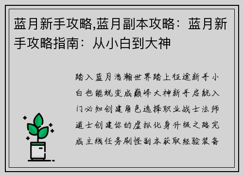 蓝月新手攻略,蓝月副本攻略：蓝月新手攻略指南：从小白到大神